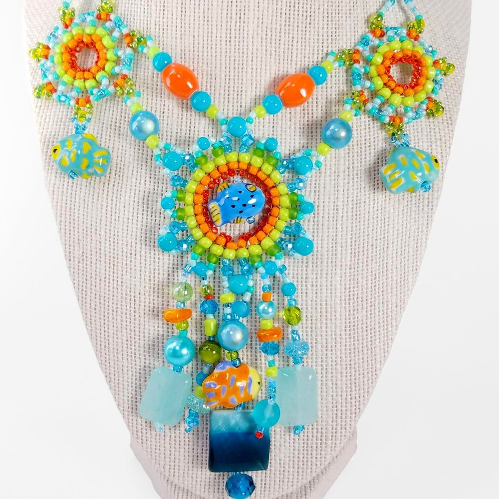 Whimsical Tropical Fish Beaded Necklace, Beach Style, Mermaid Fashion